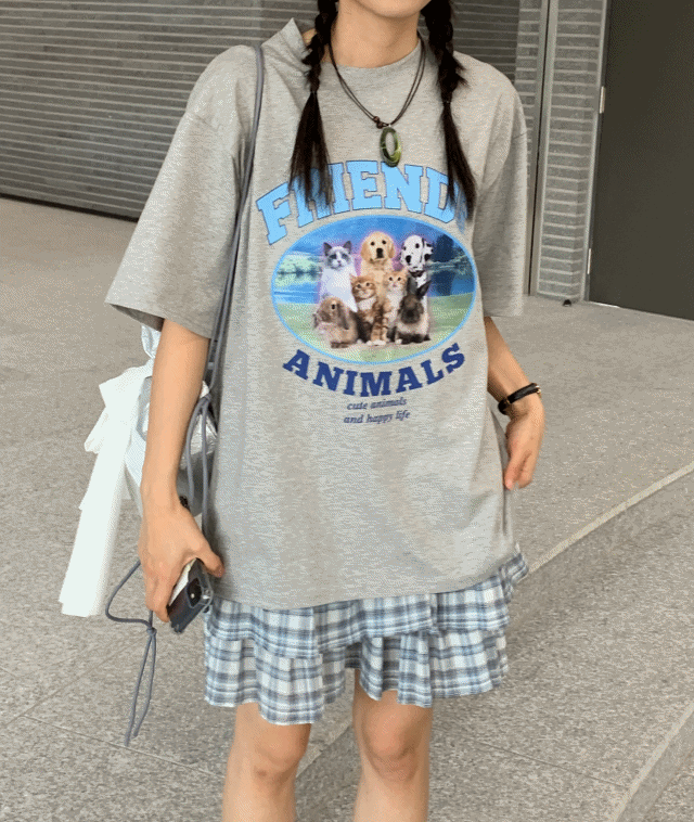 [여름/깔끔프린팅] 프렌즈 강아지 레터링 오버핏 라운드넥 반팔 티셔츠 4 color